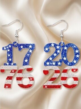 Blue White Red Glitter Number Earrings - 1776 & 2026 - Independence Day